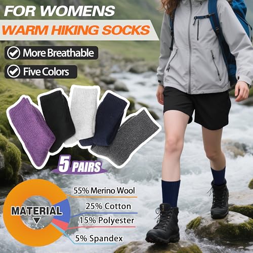 Sandsuced 5 Pack Merino Wool Boot Hiking Socks for Women Warm Winter Thick Thermal Cozy Work Soft Ladies Socks