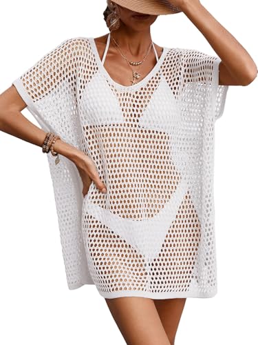 BreathSunny Womens Oversized Crochet Beach Dresses Summer 2026 Scoop Neck Cap Sleeve Bathing Suit Cover Up Mini Dress