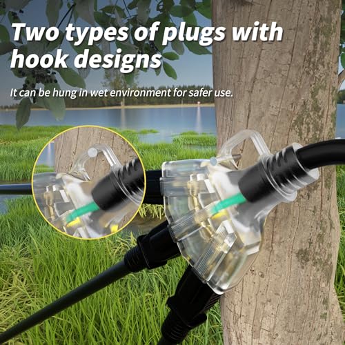 PlugSaf 50 FT 16/3 Gauge Outdoor Extension Cord with Multiple Outlets Light Indicator, Flexible 3 Outlet Weatherproof Exte...