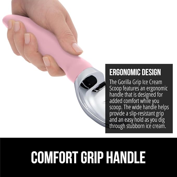 GORILLA GRIP BPA-Free Heavy Duty Ice Cream Scoop, Comfortable Ergonomic Handle, Professional Grade Scooper for Perfect Round Scoops, Spoon Frozen Hard Gelato, Sorbet, Cookie Dough, Kitchen Tool, Pink