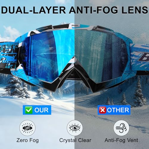 BATFOX Anti Fog Ski Goggles OTG for Adults & Kids, Snowboard Goggles with 100% UV Protection & Anti-Slip Fit for Skiing