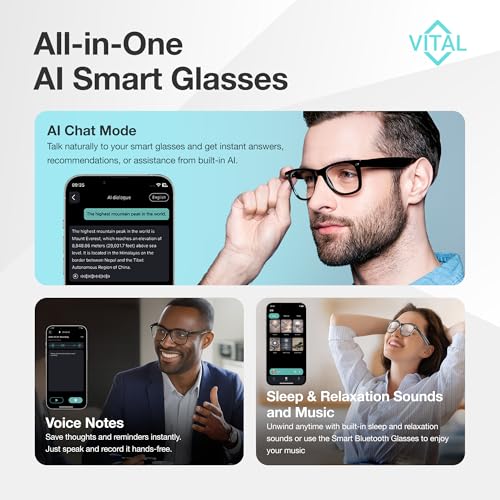 Vital Smart Glasses for Men AI Translation – Open-Ear Bluetooth 5.3 Audio, 164-Language Translator in Phone App Vital Smar...