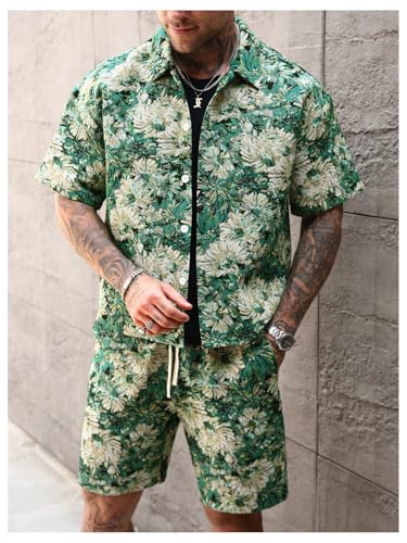 RoseSeek Men's 2 Piece Vacation Beach Outfits Floral Short Sleeve Button Down Shirt and Shorts Summer Clothing Set