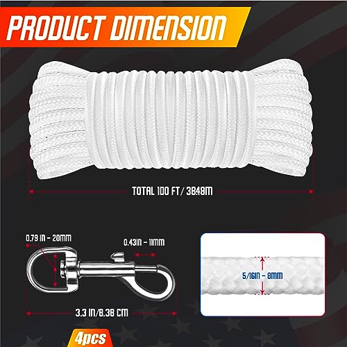 [Upgraded] 5/16” 100Ft Flagpole Rope Kit with 4 Pcs 3.3” Swivel Snap Hook - High Weight Bearing Anti-Tearing Utility Rope ...