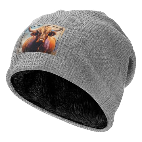 YANYU Highland Cow Print Lightweight Waffle Pullover Hat Men Women Winter Headwear Outdoor Camping Travel