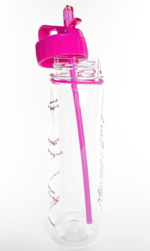 Fight Like a Girl Brave SlimKim 30 oz Motivational Water Bottle with Time Marker & Straw for Breast Cancer Awareness - Reusable Clear Water Bottle for Workout, Gym, Travel - Hot Pink