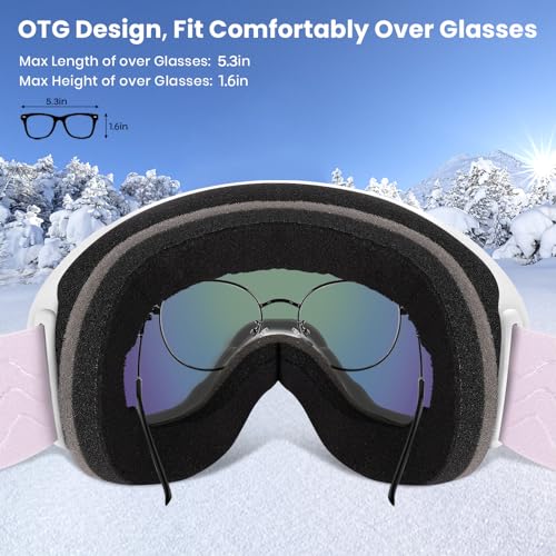 COOLOO Ski Goggles, OTG Snow Goggles for Adult Men Women Youth, Snowboard Goggles Over Glasses, Anti-fog, UV Protection