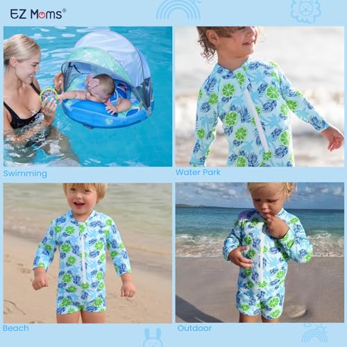 EZ Moms Baby Boy Swimsuit UPF 50+ Long-Sleeve One Piece Zipper Toddler Bathing Suit Baby Beach Wear Sunsuit with a Swim Cap