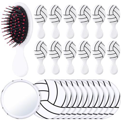 SiliFine 24 Pcs Volleyball Gifts for Team Bulk Include 12 Volleyball Air Cushion Hair Brush and 12 2.76 Inch Compact Mirro...