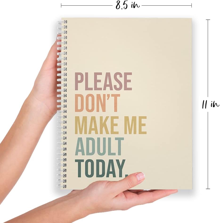 Softcover No Adulting 8.5" x 11" Funny Spiral Notebook/Journal, 120 Checklist Pages, Durable Gloss Laminated Cover, White Wire-o Spiral. Made in the USA
