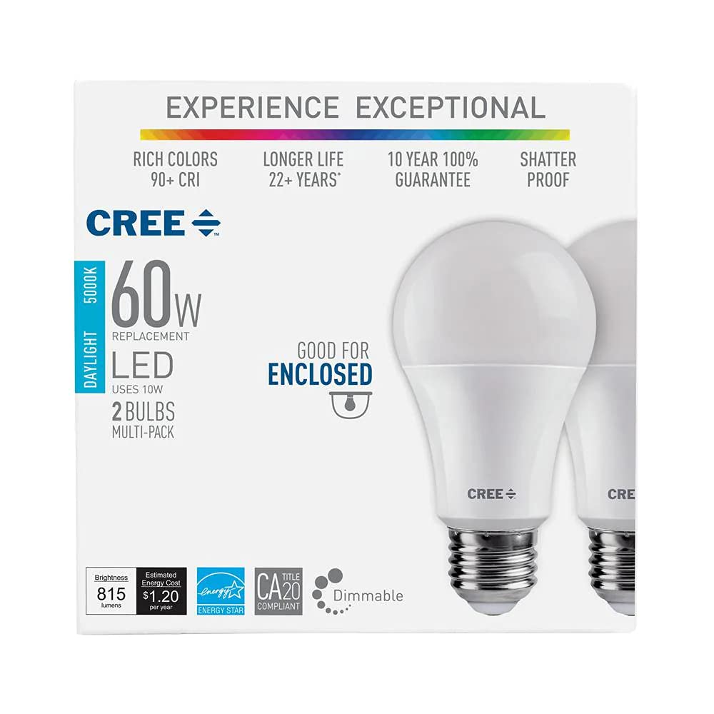 Cree Lighting A19 Led Bulb, 60W, 815 Lumens, 5000K Dimmable, Daylight, 2 Pack, Plastic