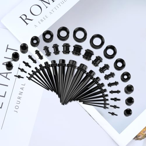Okxiri 50 Pcs Ear Stretching Kit, Acrylic Gauges for Ears 14G-00G, Lightweight Tapers+ Plugs+ Silicone Tunnels, Gauge Stre...