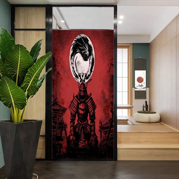 Japanese Samurai Window Film Abstract Vintage Samurai Blossom Dragon Full Moonstained Glass Window Film,Playroom Window Film,Nursery Window Film 17.7Wx23.6L-Inch X1Pcs