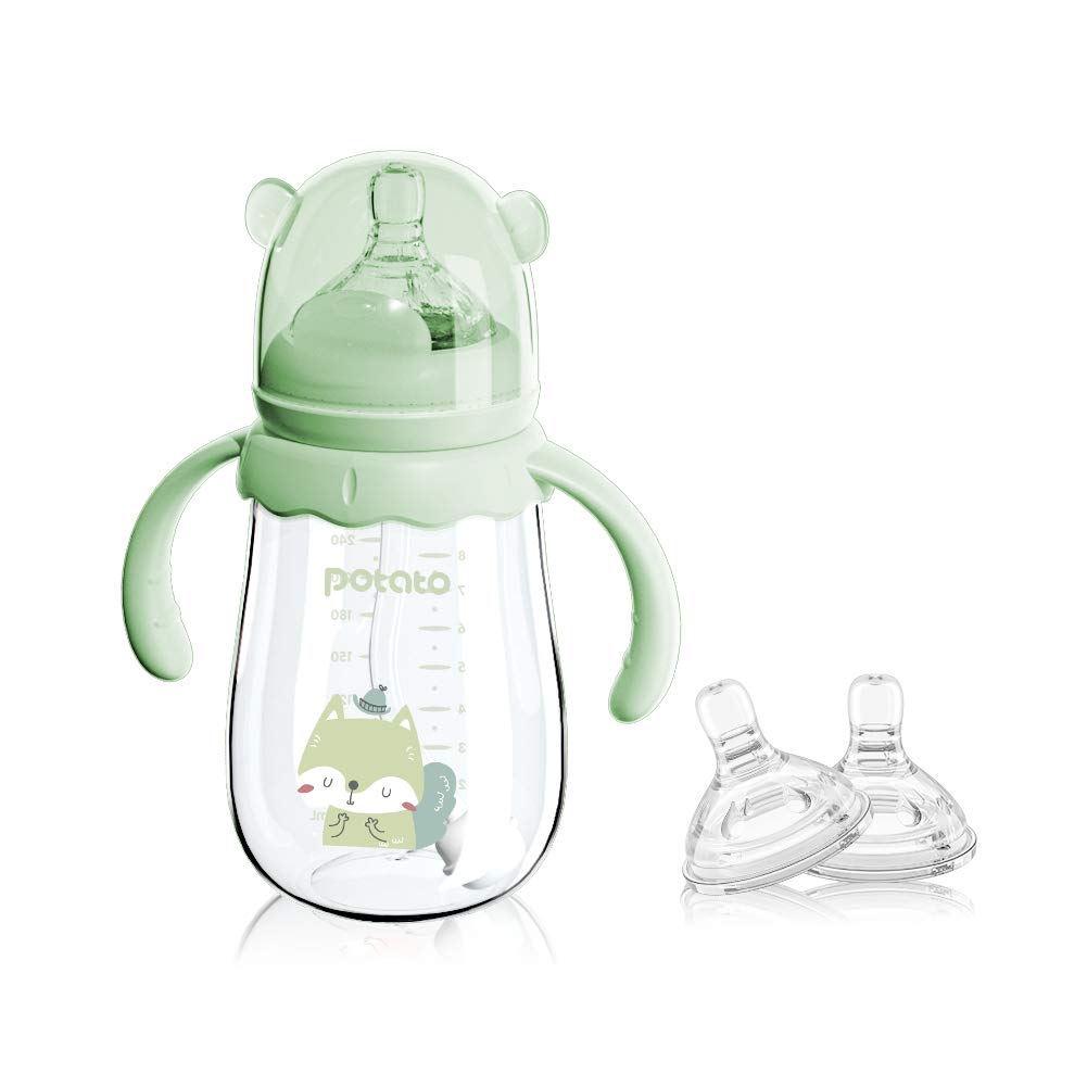 POTATO Glass Baby Bottles, Anti-Colic Breastfeeding Bottles with Fast Flow Nipple, Suitable for Babies 6-12 Months, 2 Replaceable Nipples, 8 oz, Green