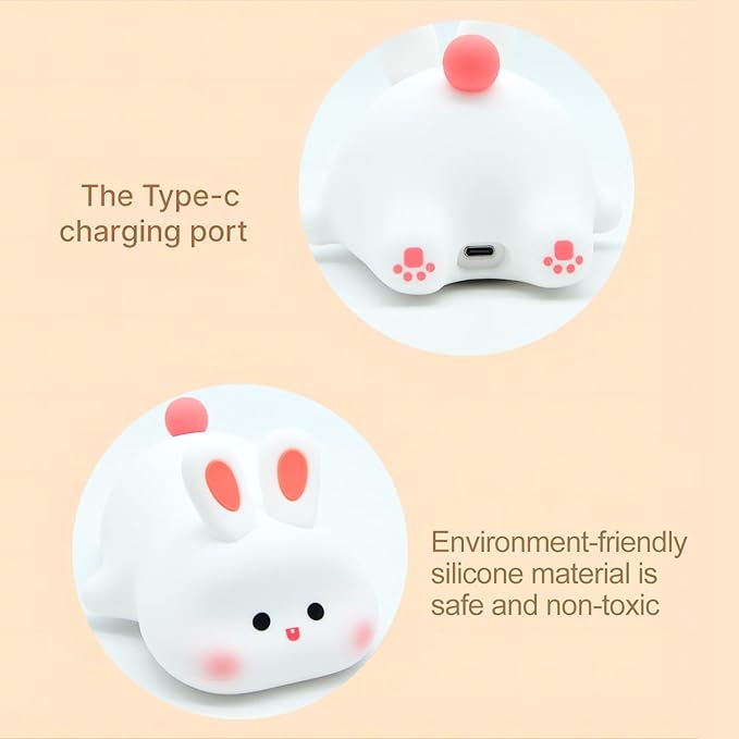 Cute Rabbit Silicone Night Lights Cartoon Bedroom Lamp for Children's Room Decor, USB Rechargeable Timing Dimming Silicone Sleep Light for Kids, Toddler, Baby