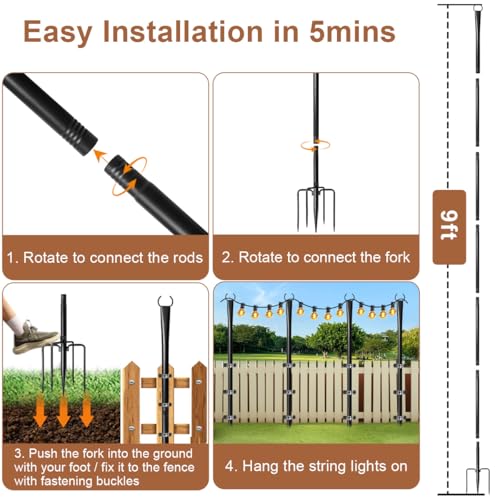 6 Pack String Light Poles for Outside, Heavy-Duty Metal Poles for Outdoor String Lights with Fork, Adjustable Lighting Han...