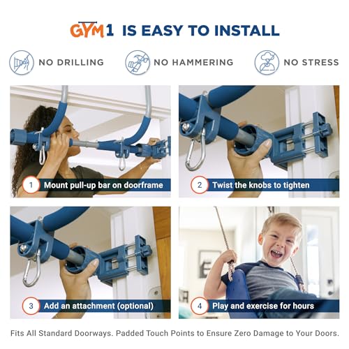 Gym1 Indoor Doorway Gym Set - Sensory Swing & Grip Rings - Adjustable Door Frame Pull-Up Bar for Kids & Adults - Door Fram...