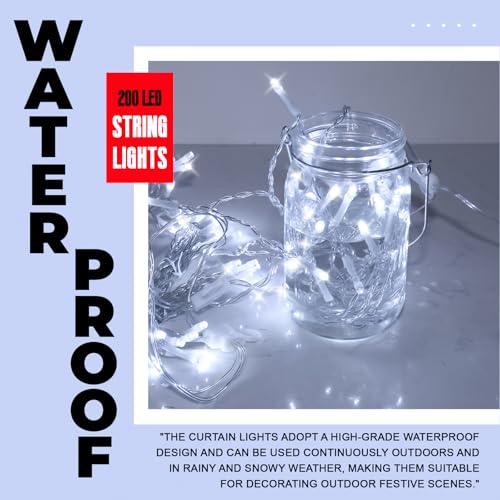 SINAMER Curtain Light for Bedroom, 200LED 6.6x6.6ft White Window Wall Hanging Fairy Curtain String Light, 8 Modes Remote F...