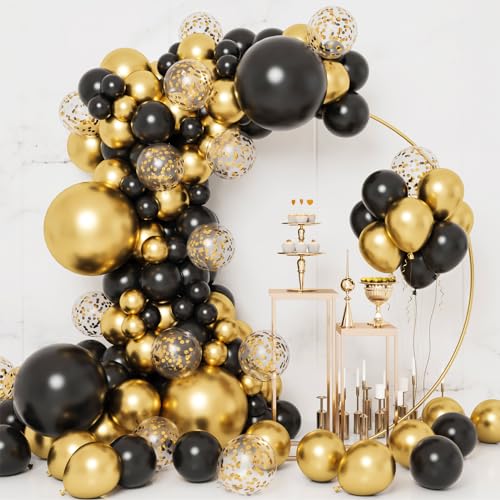 RUBFAC 130pcs Black and Gold Balloons, Black Metal Gold and Metallic Confetti Gold Balloons for 2026 New Year Graduation C...