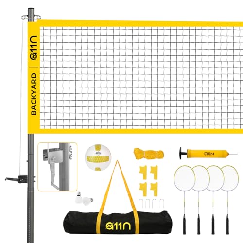 A11N Outdoor Volleyball and Badminton Combo Set - Includes Adjustable Height Anti-Sag Net, Volleyball, Air Pump, 4 Badmint...