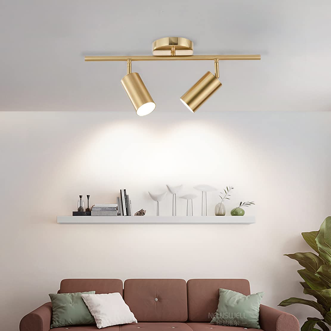 Bokt Mid Century Modern 2-Lights Led Track Lighting Kit, Gold Flush Mount, Adjustable Angle, Brushed Brass, Model Df-B6Yv-C8Ci-2