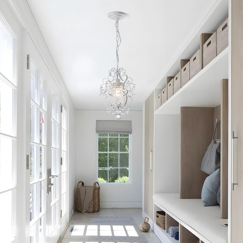 riomasee Mini Chandelier 1-Light, 11-Inch White Crystal Iron Ceiling Light Fixture, Model RM2024-19