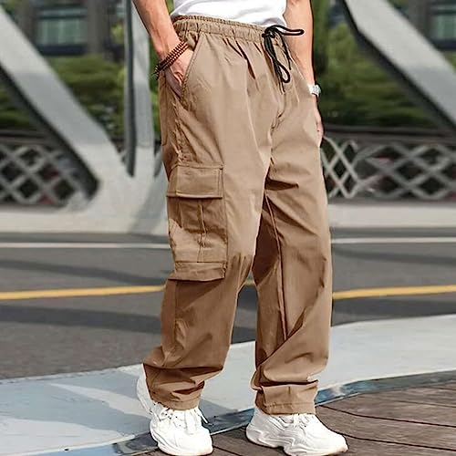 Men's Fashion Cargo Pants Solid Casual Drawstring Outdoor Hiking Pants Elastic Waisted Straight Leg Work Trousers with Pocket