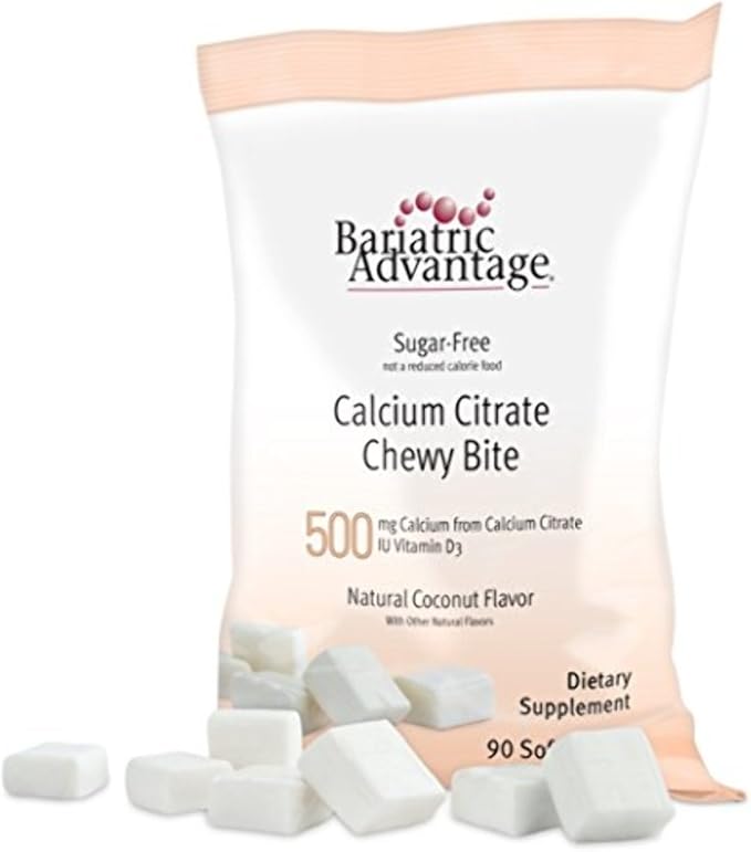 Bariatric Advantage Calcium Citrate Chewy Bites 500 mg - for Bariatric Surgery Patients - Vitamin D3 - Sugar-Free Chewable Calcium Supplement - Bariatric Chews - Coconut Flavor - 90 Count