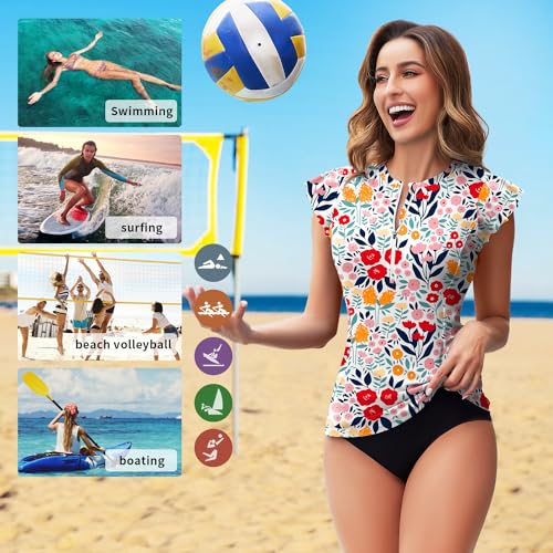 Soneven Women's Swim Shirt UPF 50+ Ruffle Sleeve Rash Guard UV Sun Protection Swimsuit Top Bathing Suit No Bottom