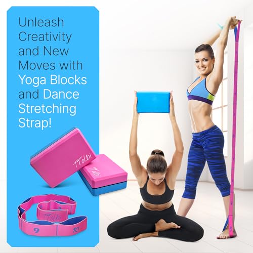 Yoga Blocks 2 Pack with Strap & Guide – Non-Slip EVA Foam Pilates Blocks for Home Workouts, Dance, Ballet, Gymnastics & St...