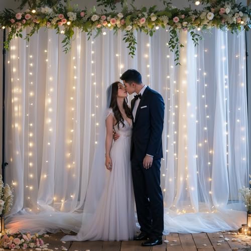 10ft x 8ft White Sheer Tulle Backdrop Curtains with Lights String Wedding Backdrop for Reception Ceremony Birthday Party B...
