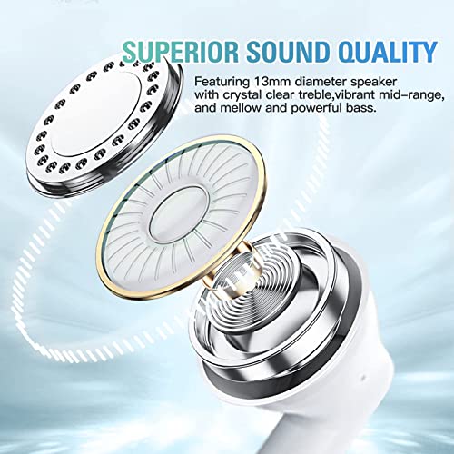 True Wireless Earbuds White Bluetooth 5.3 with Microphone for Working Out Noise Canceling Blue Tooth Ear Buds Deep Bass TW...