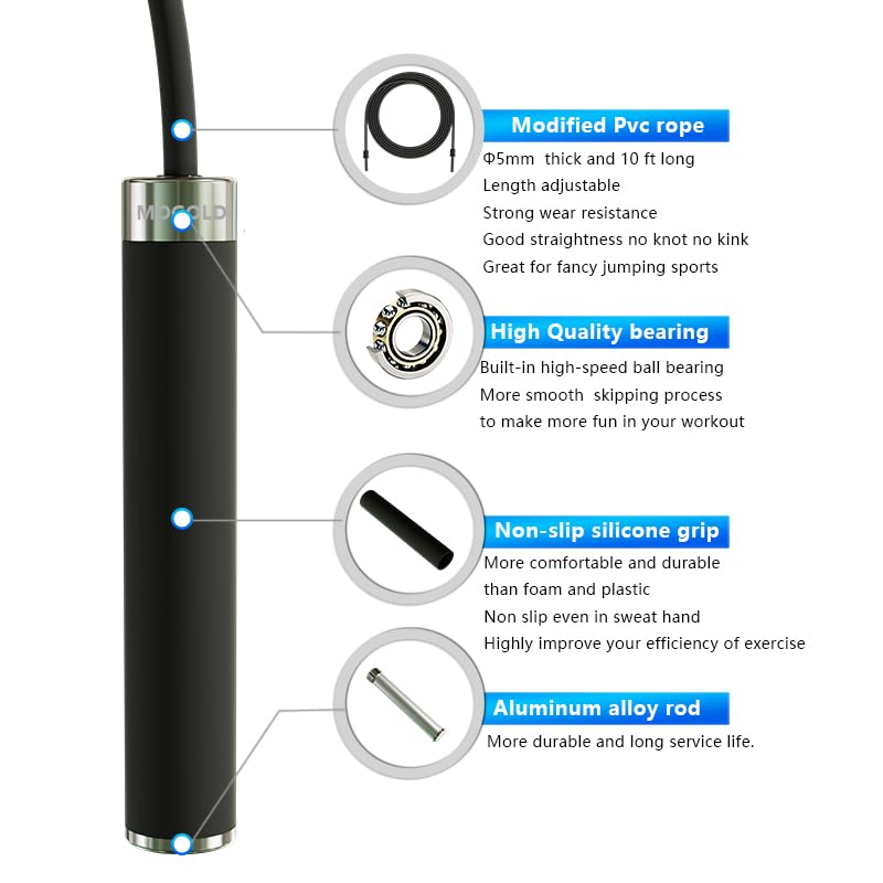 MOGOLD Adjustable Jump Rope for Home Fitness - 5mm PVC Cord with Ball Bearings, Anti-Slip Rubber& Alloy Handles for Beginn...