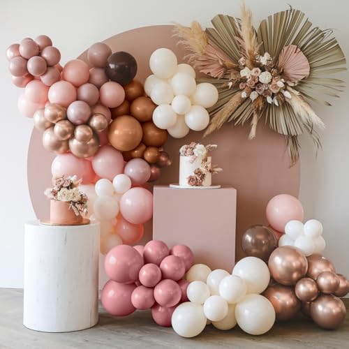 Dusty Pink and Brown Balloons, 50PCS 12Inch Boho Balloon with Blush Pink and Brown Rose Gold White Sand Latex Balloons for...