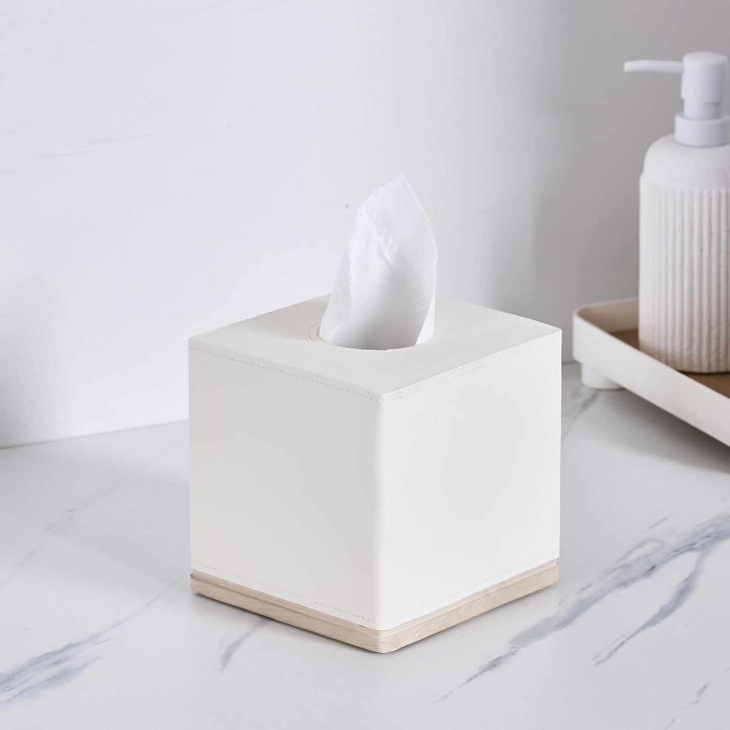 Tissue Box Cover Square Resin Tissue Holder for Home Decor,Hand Carved Beige Leather Cube Tissue Box Holder – 5.5 Inch Heavy Duty Luxury Tissue Box Case for Bathroom, Living Room, Office