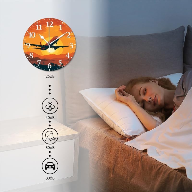 Sunset Wall Clock Non-Ticking Silent Clocks Battery Operated Analog Decor Clock for Home-Illustration of Airplane Flying Over The Sunset(10inch)