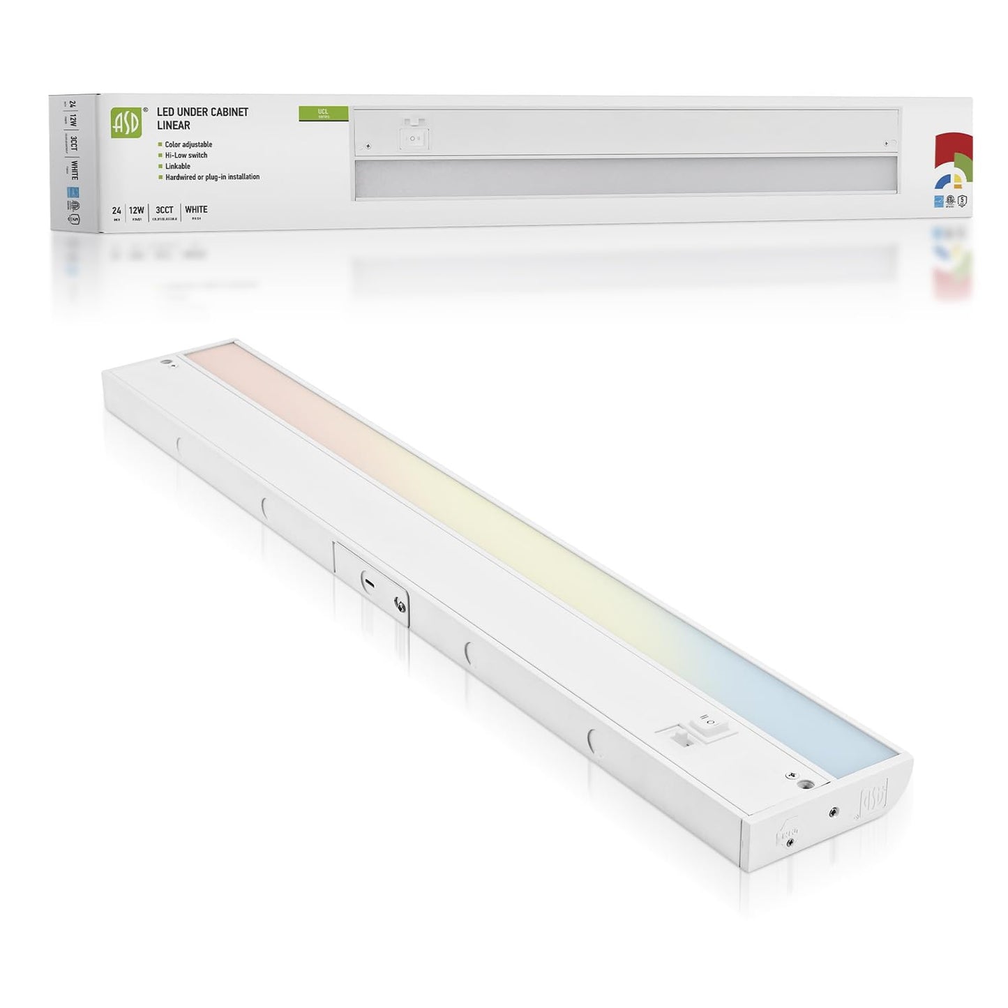 Asd Led Under Cabinet Lighting, 24 Inch Dimmable, Hardwired/Plug-In, 3 Color Levels, White Finish, Model Asd-Ucl-24D12Cc-Wh