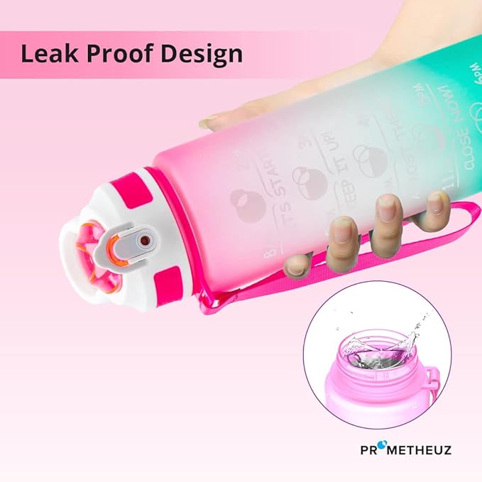 Prometheuz 32oz Water Bottle with Straw, Motivational Water Bottle with Time Marker, Water Bottles Leakproof & BPA-Free for Sports, Work and Fitness Pink Mint