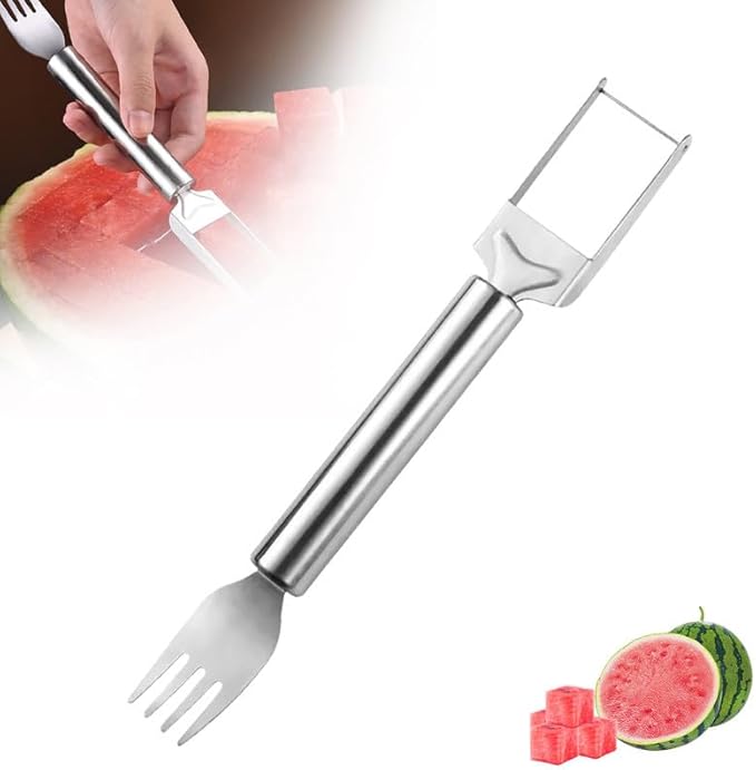 2-in-1 Stainless Steel Fruit Cutter, Upgraded Watermelon Fork Slicer Tool, Dual Head Fruit Forks Knife with Round Handle (1 PCS)