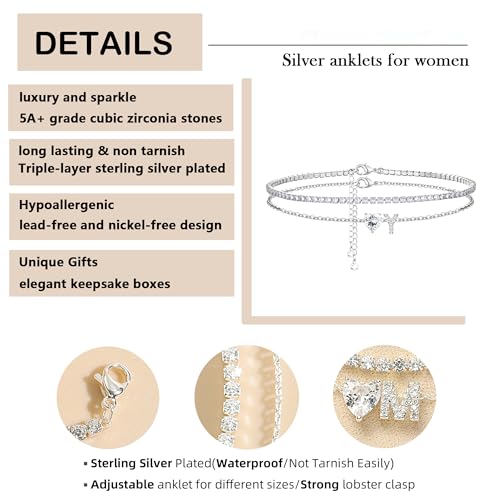 CIOMY Heart Initial Silver Anklets for Women Waterproof Dainty Silver Plated ankle bracelets for women Large Ankle Women's...
