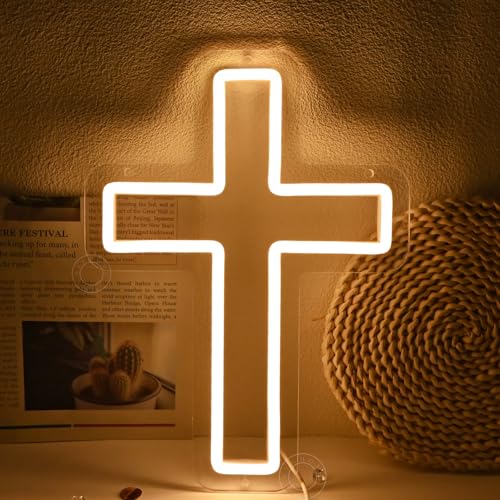 SYLHOME Cross Led Neon Light Sign Kids Bedroom Nursery Wall Sign Decor Christening Baby Shower Wedding Birthday Party Back...