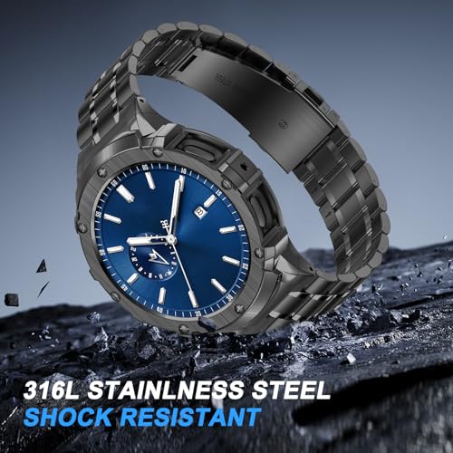 BAITEYOU Stainless Steel Bands with Case Compatible with Samsung Galaxy Watch 7 44mm, Rugged Protective Case Cover and Met...