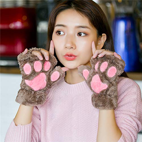 Vewzaty 2 pairs Cat Claw Bear Kawaii Paw Fingerless Winter Plush Gloves Cosplay Faux Fur Plush Cat Gloves for Girls Women (coffee and beige)
