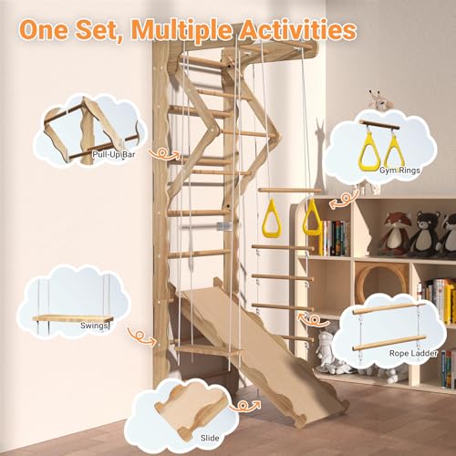 Mulinsonfly 5-in-1 Wooden Indoor Jungle Gym for Kids, Wall-Mounted Swedish Ladder with Pull-Up Bar, Rings, Swing, and Slid...