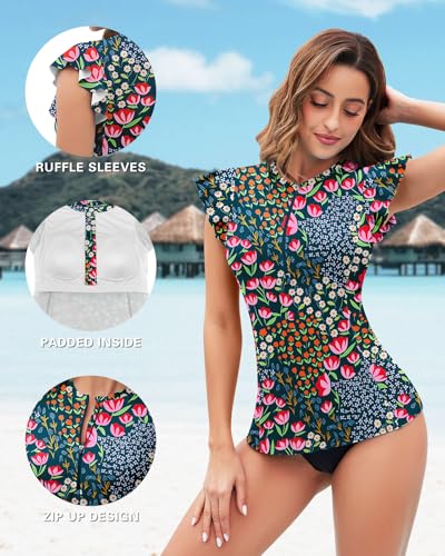 Soneven Women's Swim Shirt UPF 50+ Ruffle Sleeve Rash Guard UV Sun Protection Swimsuit Top Bathing Suit No Bottom