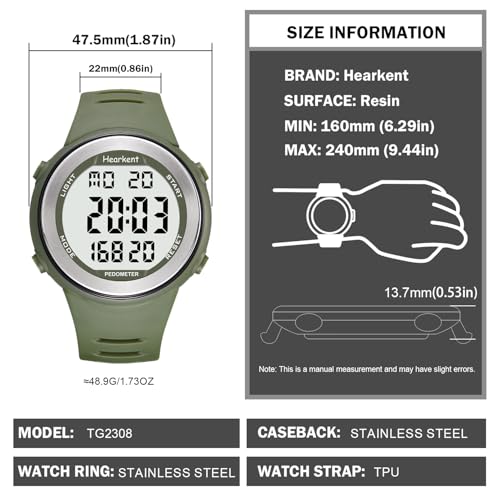 Hearkent Waterproof Pedometer Watch No APP with Light, Digital Display Step Counter Watch for Calories Seconds Alarm Step...