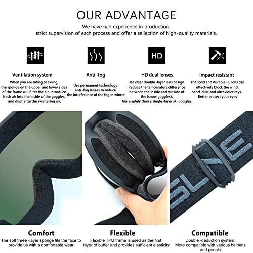 SPOSUNE Ski & Snow Goggles - Windproof, Anti-Fog, UV Protection for Men & Women - Dirt Bike, Motorcycle, ATV, Off-Road, OTG