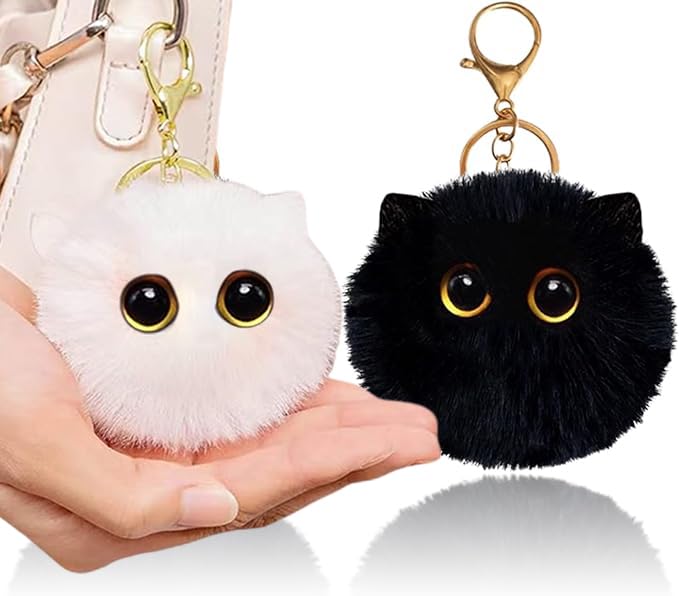 Aibelifam 2pcs Black Cat Keychain Gifts for Cat Lovers, Cute Plush Backpack Charms for Girls, Pom Pom Car Plush Keychains, Accessories for Handbags, Backpacks and Wallets, Gifts for Women
