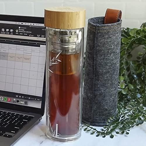 Umami Glass Water Bottle With Tea Infuser And Non Slip Sleeve. Double Wall Borosilicate. Travel Tumbler With Bamboo Lid. 17oz. Design: Torii (Clear Torii)