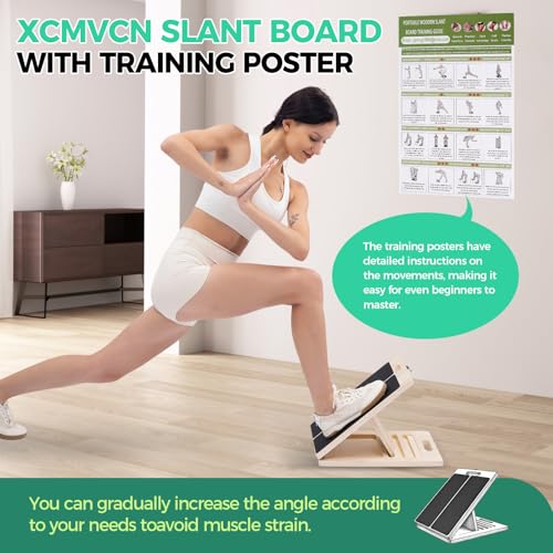 XCMVCN Slant Board for Calf Stretching, 5 Angle Portable Adjustable Calf Wooden Stretch Board with Training Poster, 300lb ...
